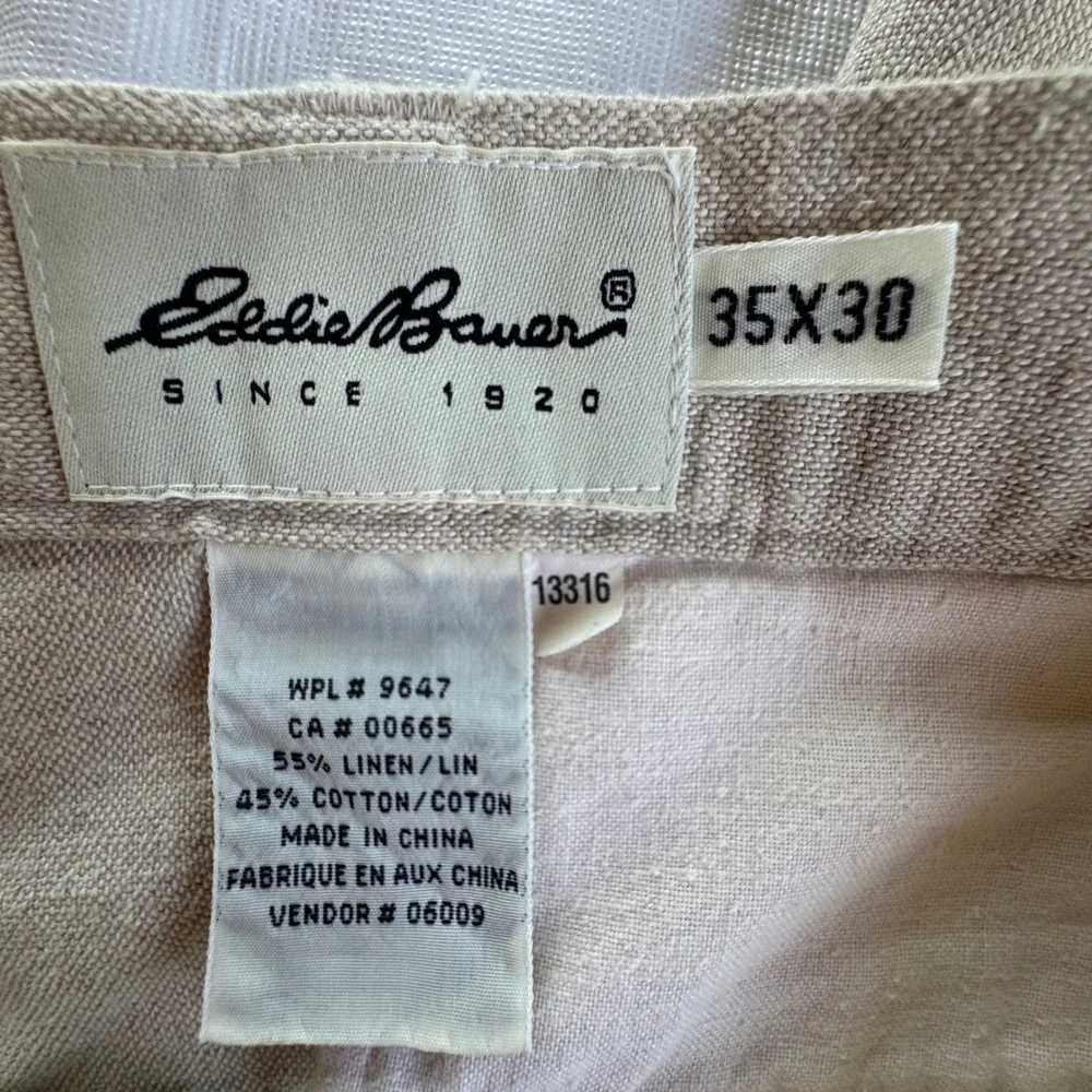 Eddie Bauer Mens 35x30 Pleated Linen Cotton Blend Cuffed Chino Pants Beige